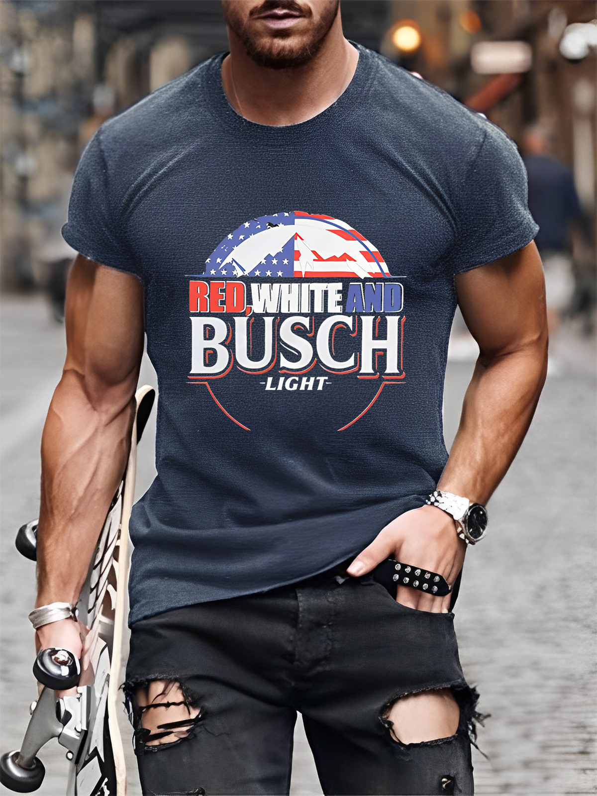 Men's Red White Busch Light Graphic T-Shirt