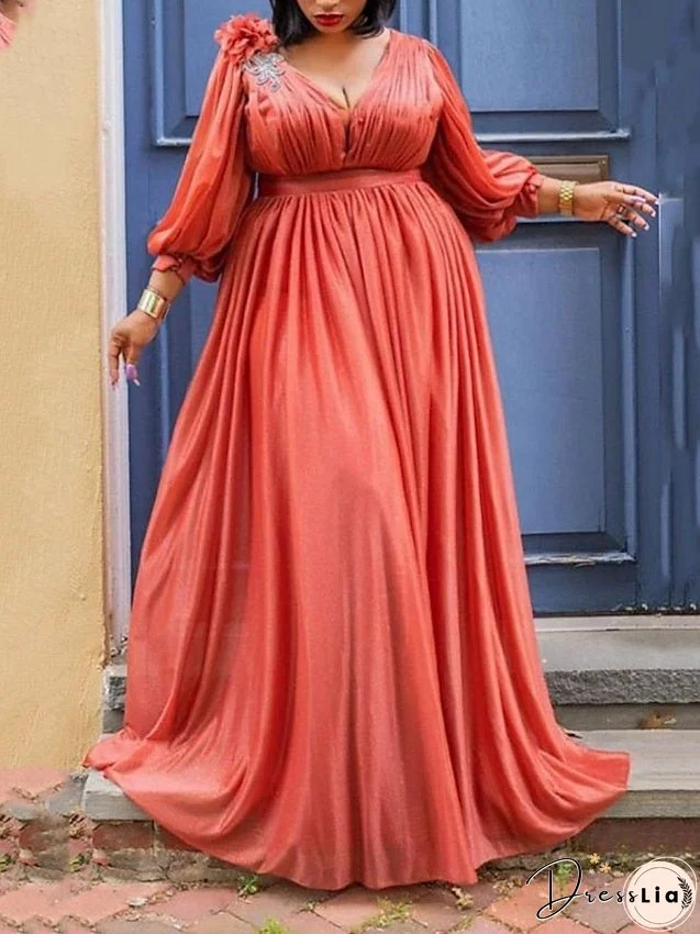 Plus Size Party Dress Solid Color V Neck Ruched 3/4 Length Sleeve Spring Fall Elegant Formal Prom Dress Maxi long Dress Party Back to School Dress / Homecoming Dress for Women