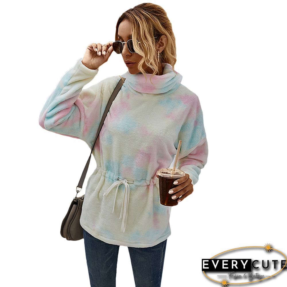 Light Pink Cowl Neck Tie Dye Print Hoodie