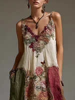 Bohemian Style Plant Flower And Butterfly Pattern Embroidery Design V-neck Woman's Long Dress
