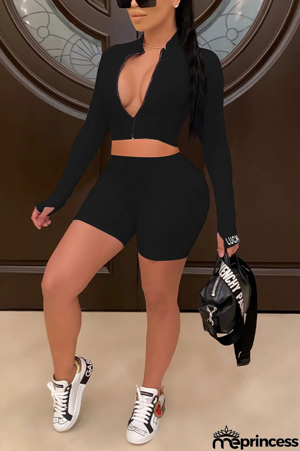 Black Active Solid pencil Long Sleeve Two Pieces