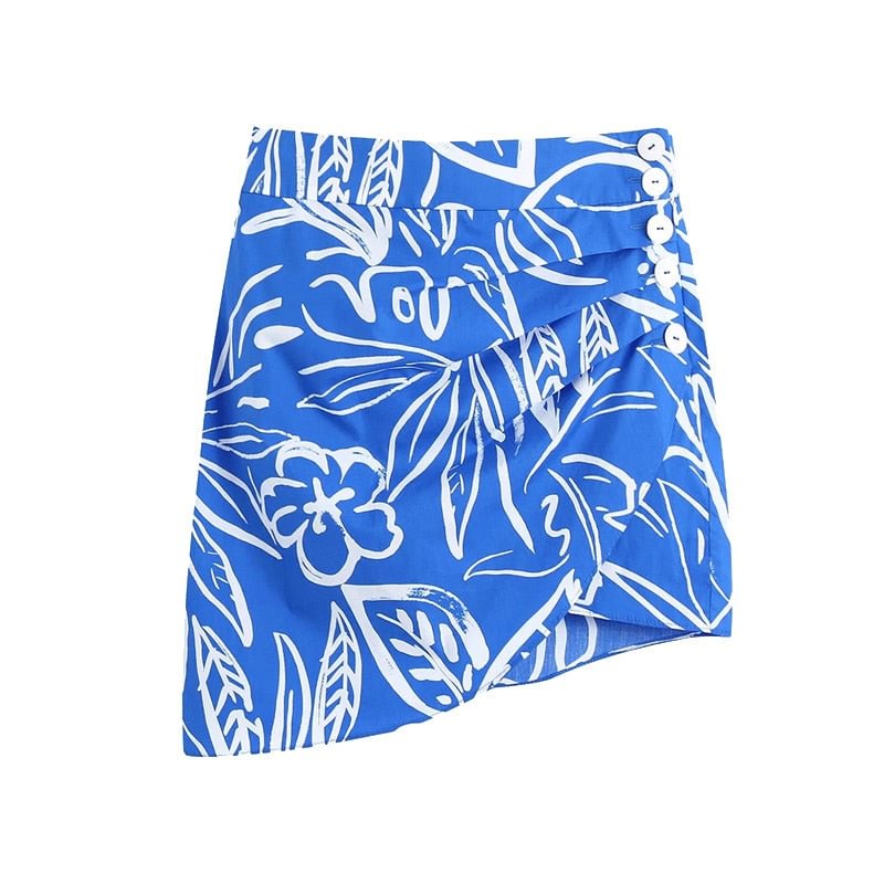TRAF Women Chic Fashion Draped Printed Asymmetry Mini Skirt Vintage High Waist Side Zipper Female Skirts Mujer
