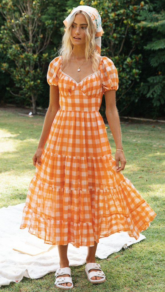 Plaid Backless V-Neck Maxi Dress