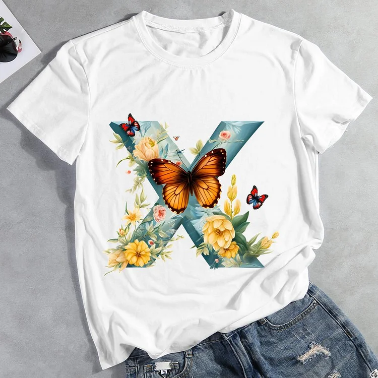 Butterfly Alphabet X Round Neck T-shirt-Annaletters