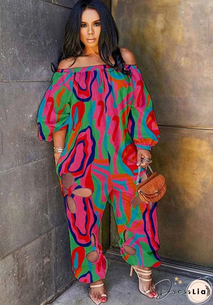 Sexy Slim Low Back Crochet Print Plus Size Jumpsuit