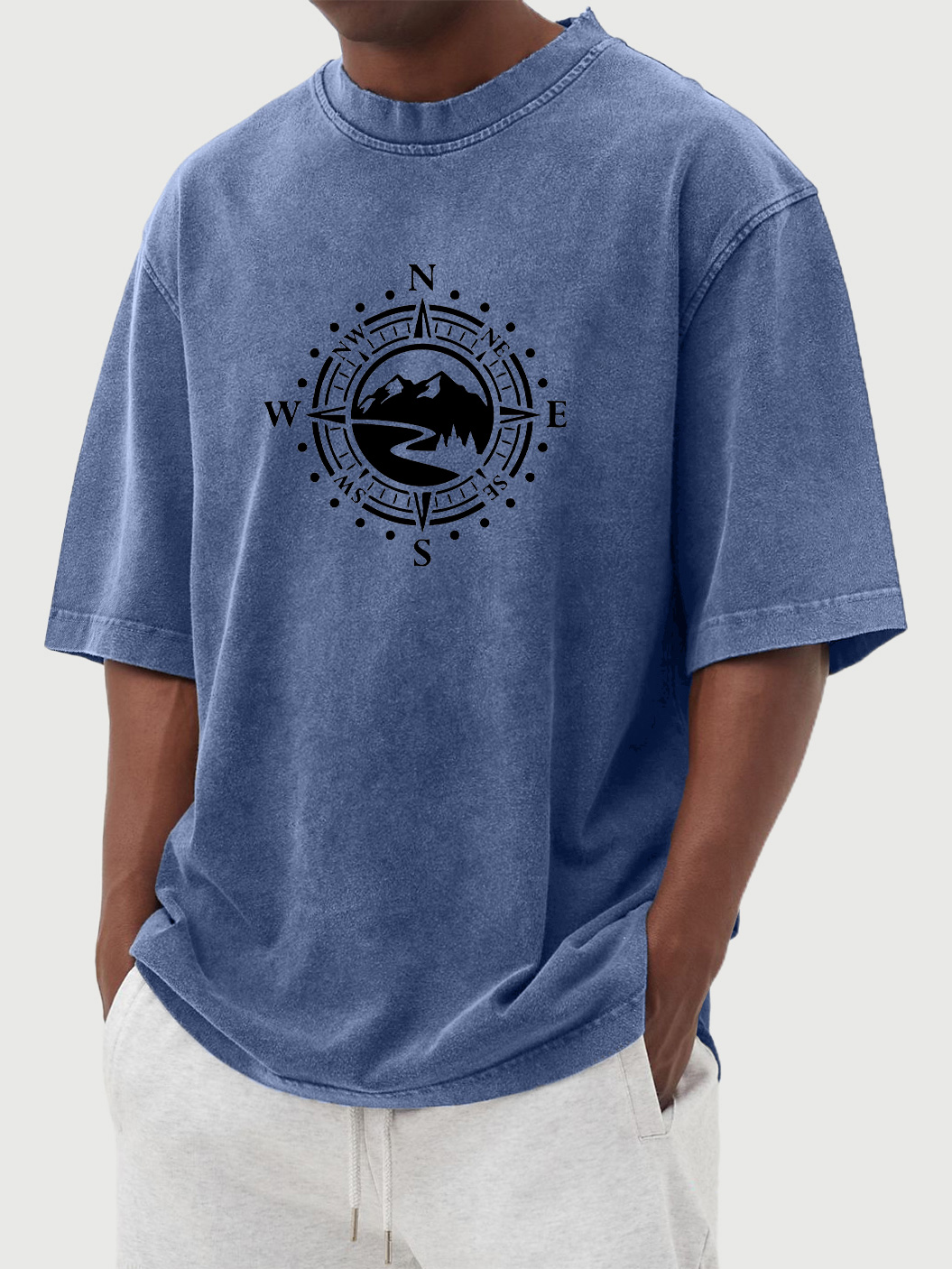 Men's vintage washed distressed mountain compass print short-sleeved T-shirt
