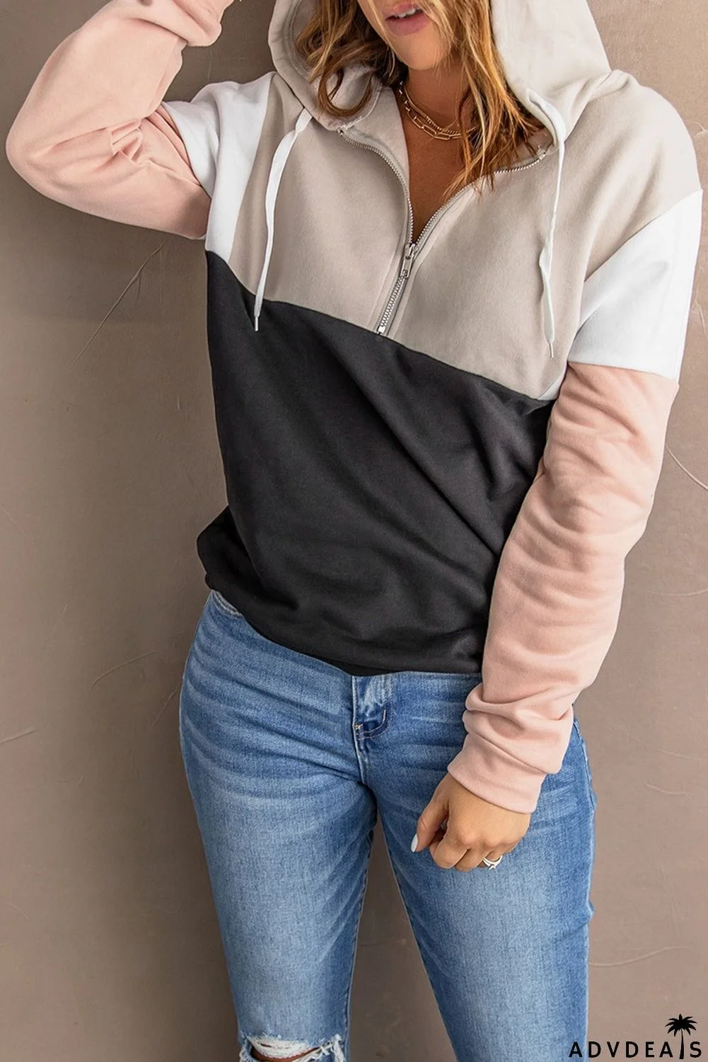 Pink Colorblock Quarter Zip Pullover Hoodie