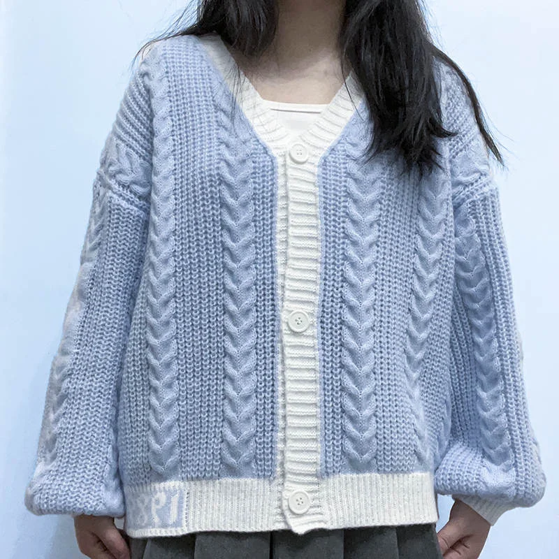 Ueong New Autumn / Winter New V-Collar Lantern Sleeve Patchwork Color Sweater Loose Casual Sweater Coat