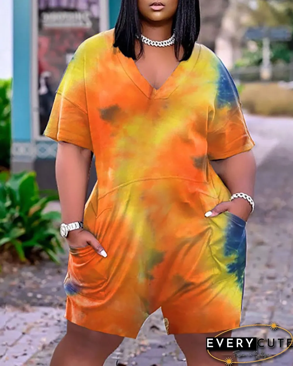 Tie Dye Print Pocket Design Half Sleeve Casual Romper