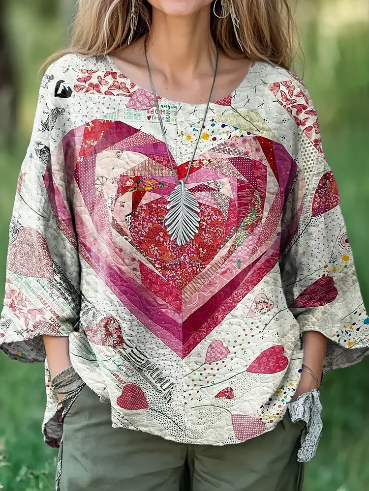 Women's Valentine's Heart Floral Art Pattern Casual Cotton And Linen Shirt