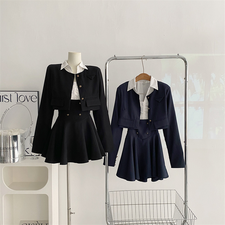 Y2K 3 Piece Set Women Cropped Coat + Long Sleeve Shirt + High Waist Halter Ruffles Mini Dress Korean Chic Fashion Sexy Outfits