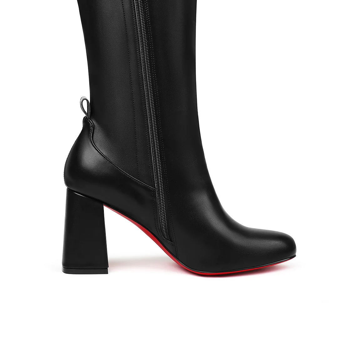 85mm Women's Chunky Heels Knee Boots Red Bottom Black Matte Knee Boots-MERUMOTE