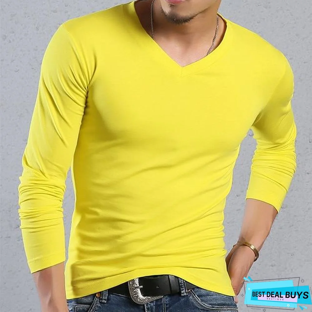 Tight Men T-Shirt Plus Size V-Neck Long Sleeve T-Shirt Men Fitness Clothing Slim Fit Fashion T-Shirt Men