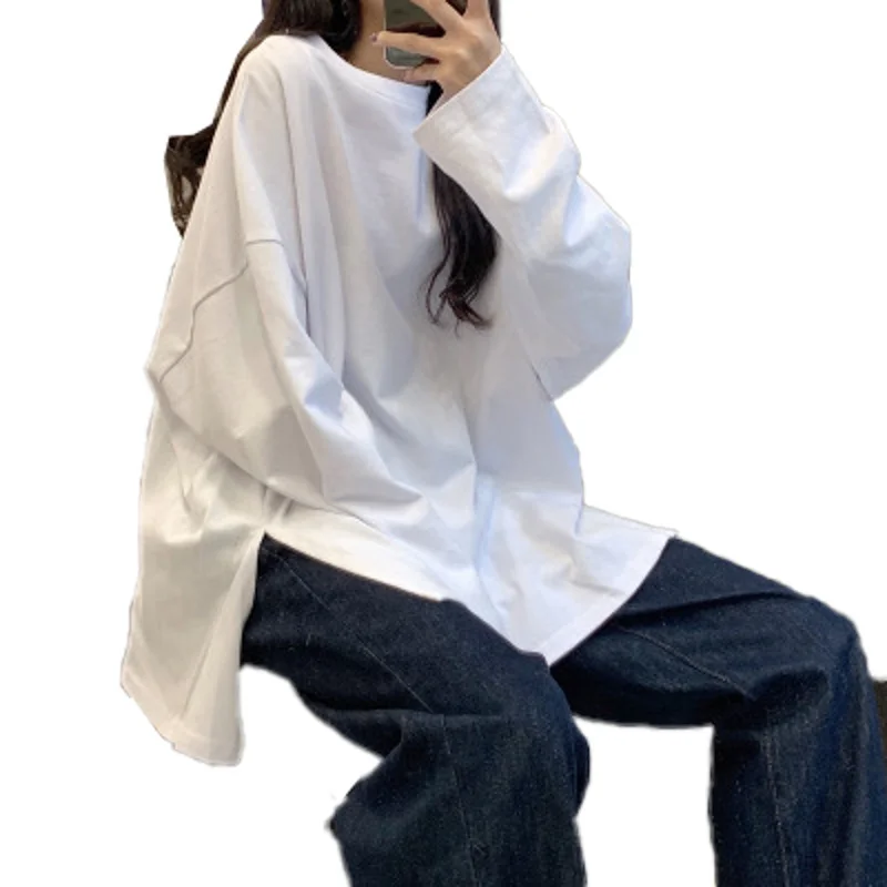 Brownm Brownm Autumn Outfit Slit Solid Color Long Sleeve T-Shirt Women Fashion Bottom Shirt Korean Fashion Students Wear Loose Clothes