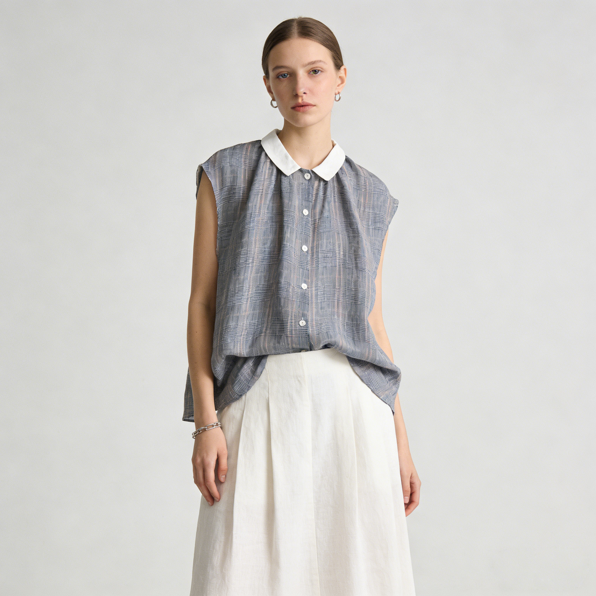 Linen Sleeveless Shirt Women 100% Linen Contrast Collar Summer Top Breathable REAL SILK LIFE