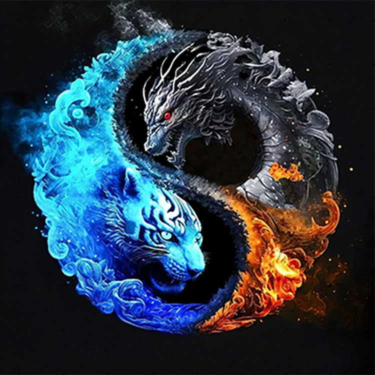 Full Round Diamond Painting - Tiger And Dragon Yin Yang Illustration 30*30CM