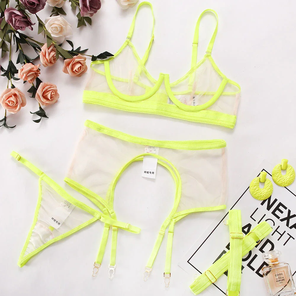 Billionm Neon Sensual Sexy Female Lingerie Transparent Bra Panty Set 3-Pieces See Through Seamless Exotic Sets Fancy Underwear