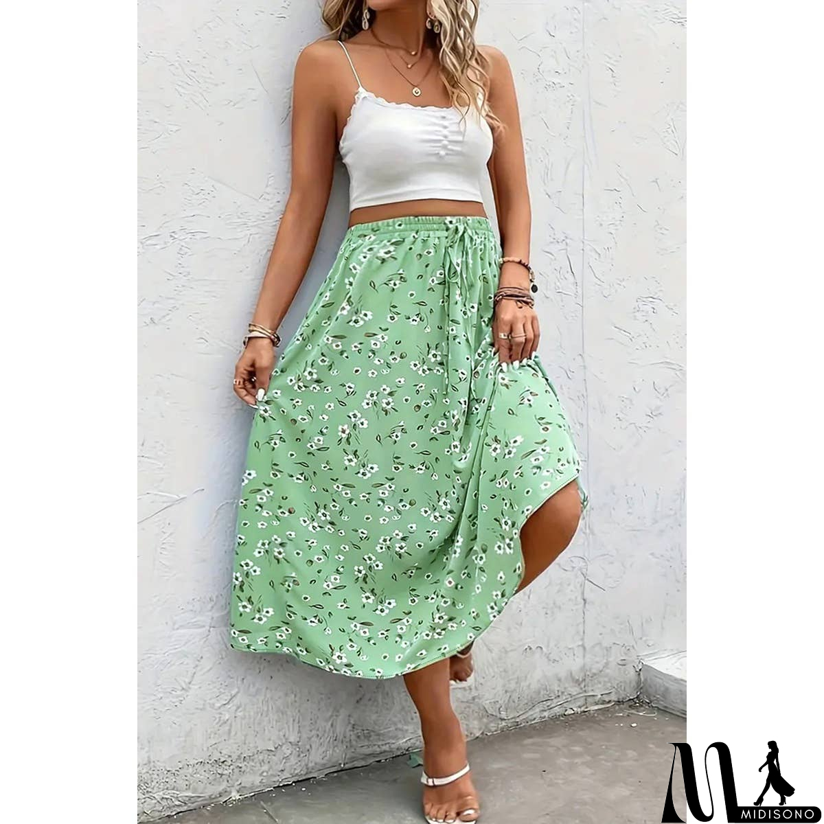 MidiSono - Plus Floral Print Drawstring Waist Fit Skirt