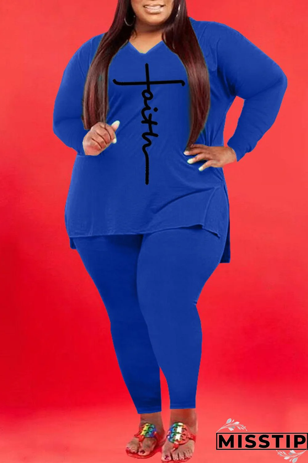 Blue Casual Print Patchwork V Neck Plus Size Two Pieces