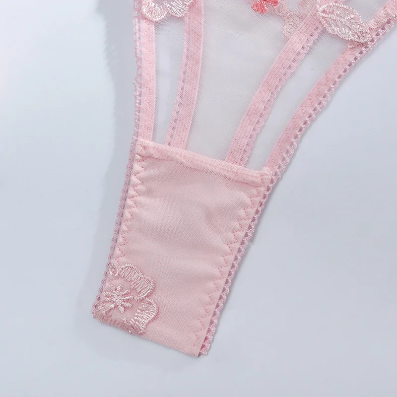 Billionm New Women Lingerie Pink Bra and Panty Sensual Lace Sheer Underwear Langerie Floral Embroidery Transparent 3pcs Patchwork Costume