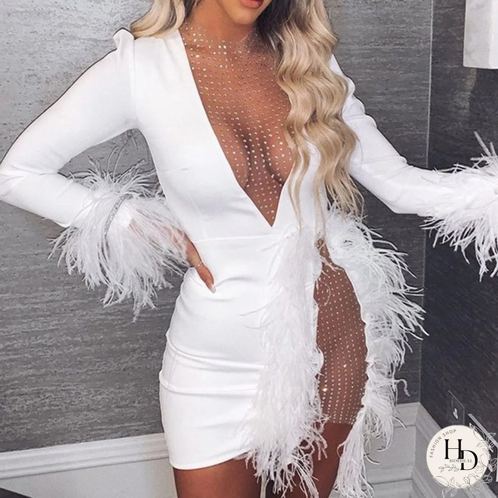 New Women Mesh Night Dress Inserted Embellished Party Dresses White Feather Mini Dress