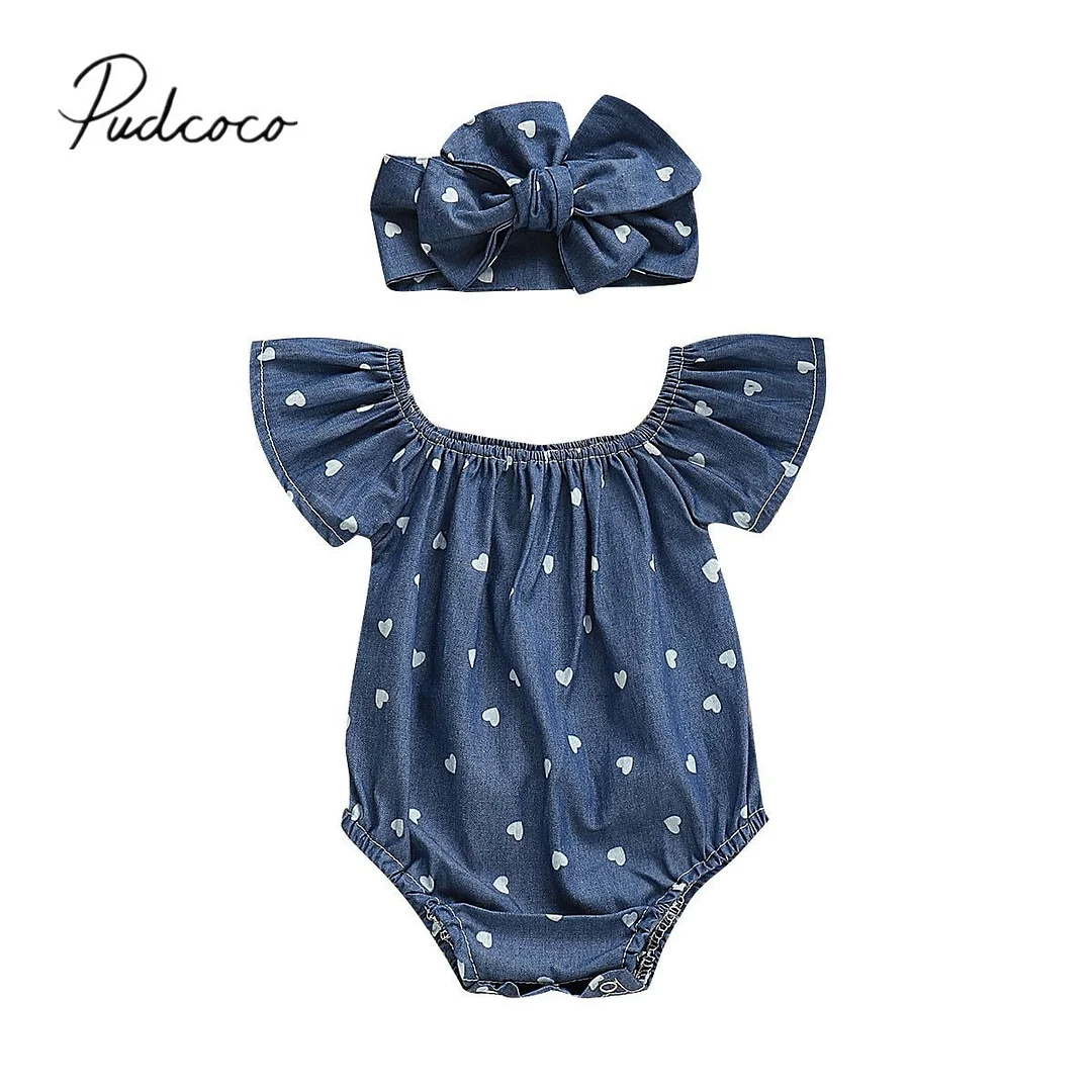 2020 Brand New 0-24M Infant Baby Girls Bodysuits Headband 2PCS Hearts Love Short Sleeve Off Shoulder Jumpsuits Summer Causal Set