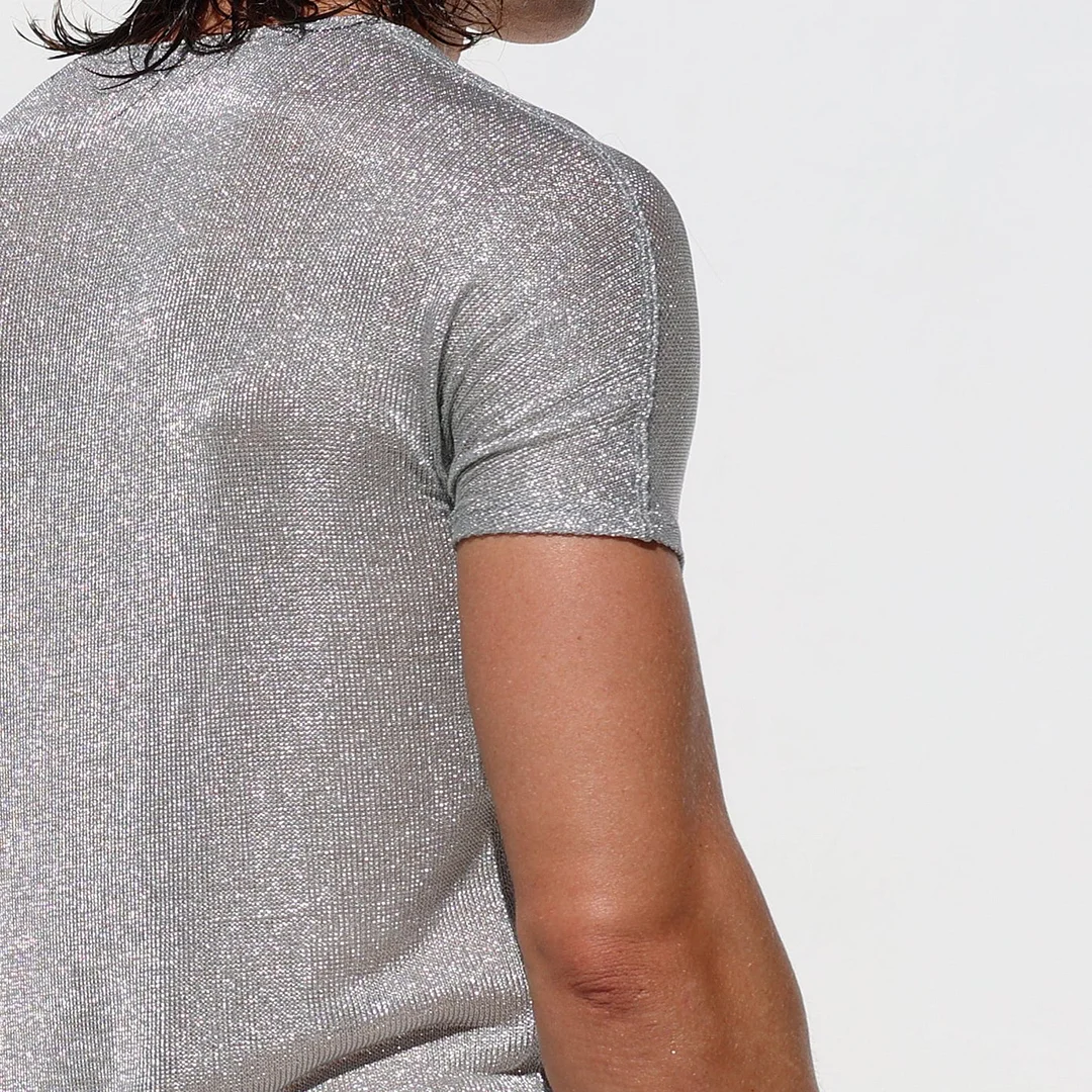 Men's Shiny Striped Loose Short-sleeved Crew Neck Top-inspireuse