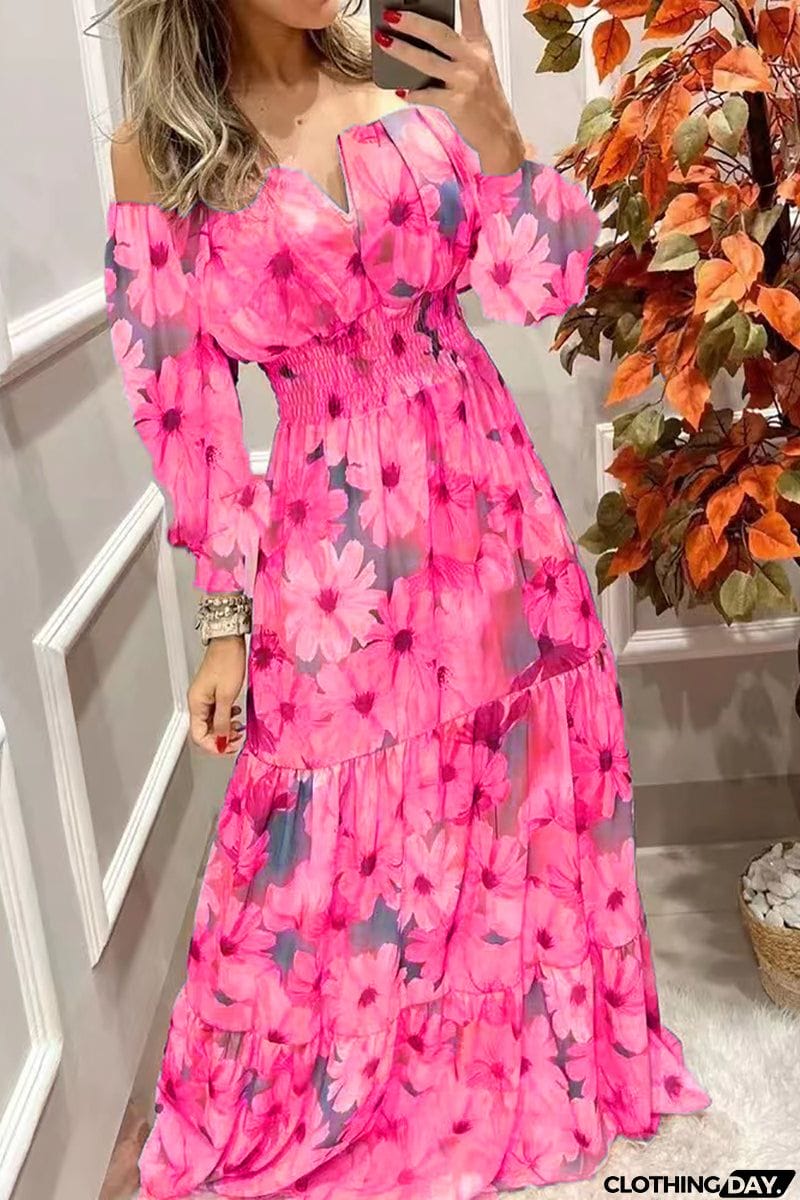 Floral Off Shoulder V Neck Maxi Dress