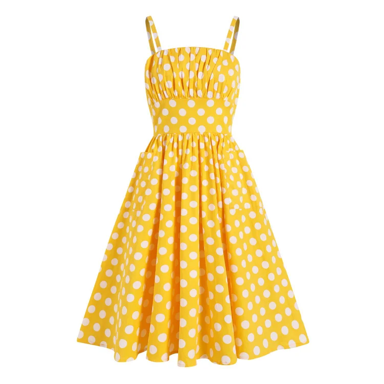 Mayoulove Audrey Hepburn Dress Spaghetti Strap Polka Dot Print with Pockets Swing Dresses-Mayoulove
