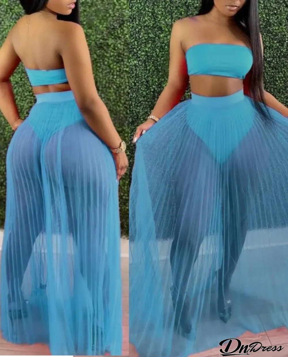 Summer Blue Bandeau Top and Mesh Skirt 2PC Set