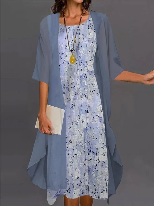 Women's Half Sleeve Scoop Neck Floral Printed Two-Piece Midi Dress