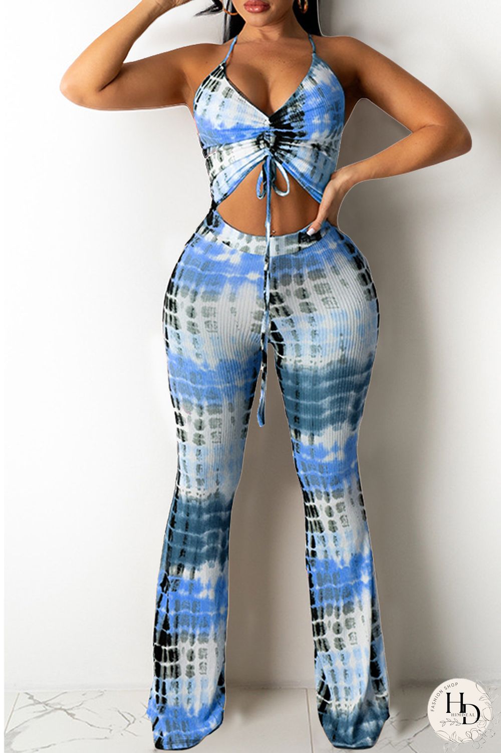 Yellow Fashion Casual Print Backless V Neck Sleeveless Two Pieces