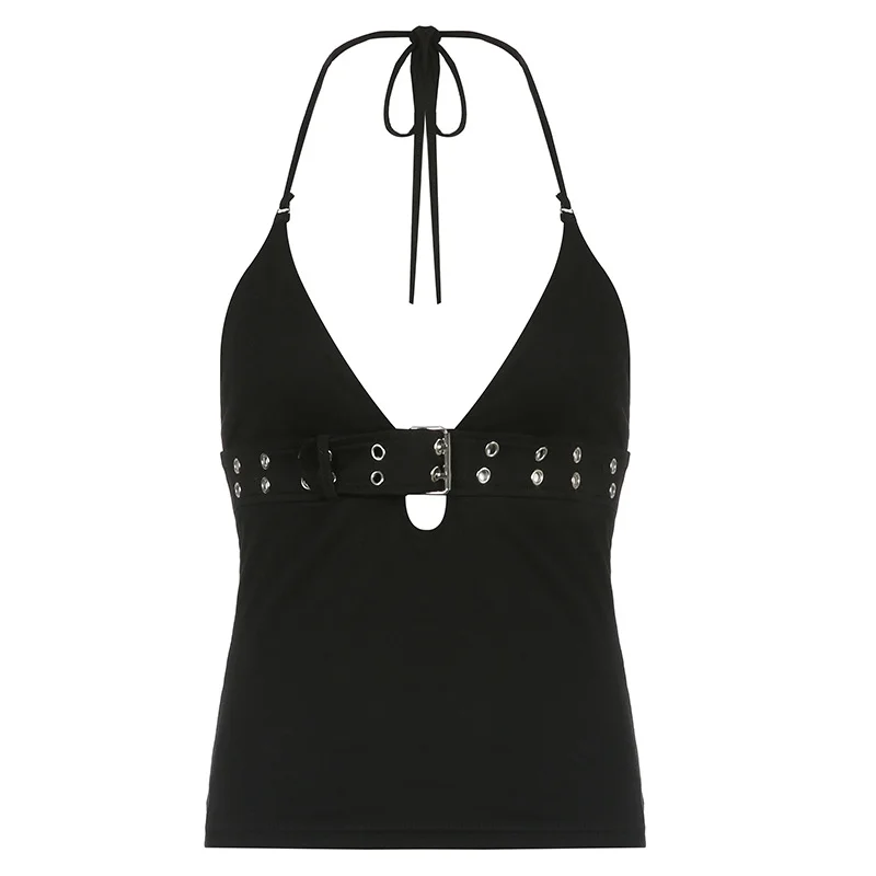 Ueong Wind Design Sense Day Word Buckle Hanging Neck Sexy Solid Color Vest Female 2023 Spring New Style