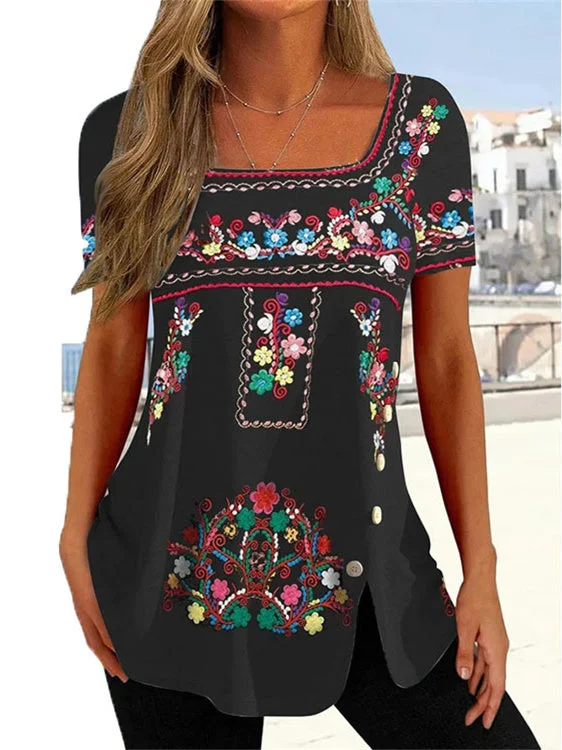 Women's Graphic Printed Square Collar Short Sleeve Top