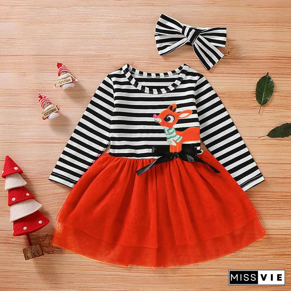 New Fashion Toddler Baby Girls Cute Christmas Santa Striped Print Tulle DressHeadband