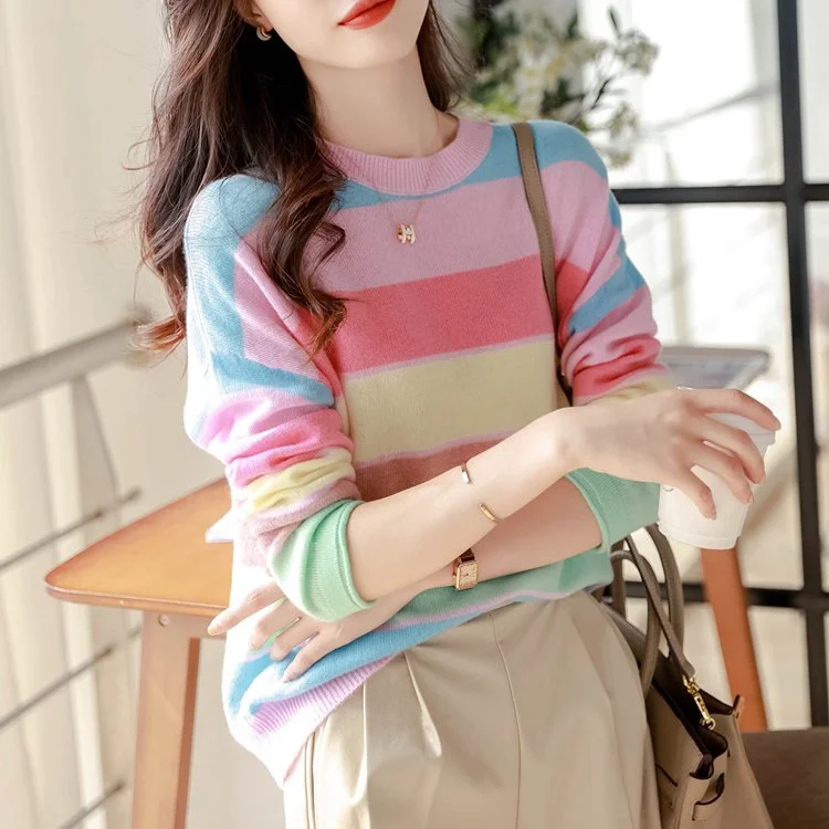 As Picture Shift Stripes Long Sleeve Cotton-Blend Sweater QueenFunky