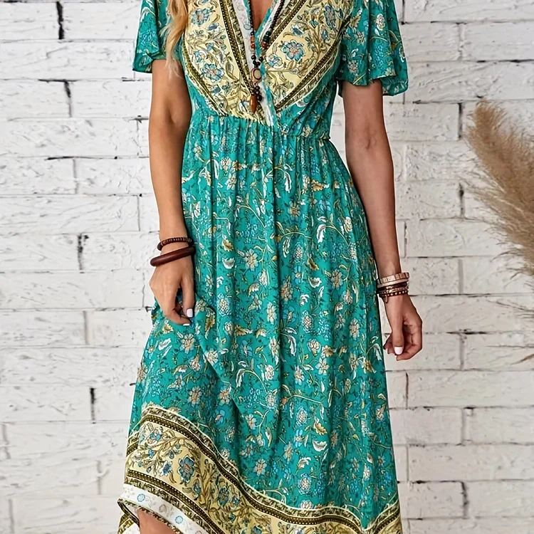 Plus Size Romantic Dress, Women's Plus Ditsy Floral Print Butterfly Sleeve V Neck Flowy Maxi Dress