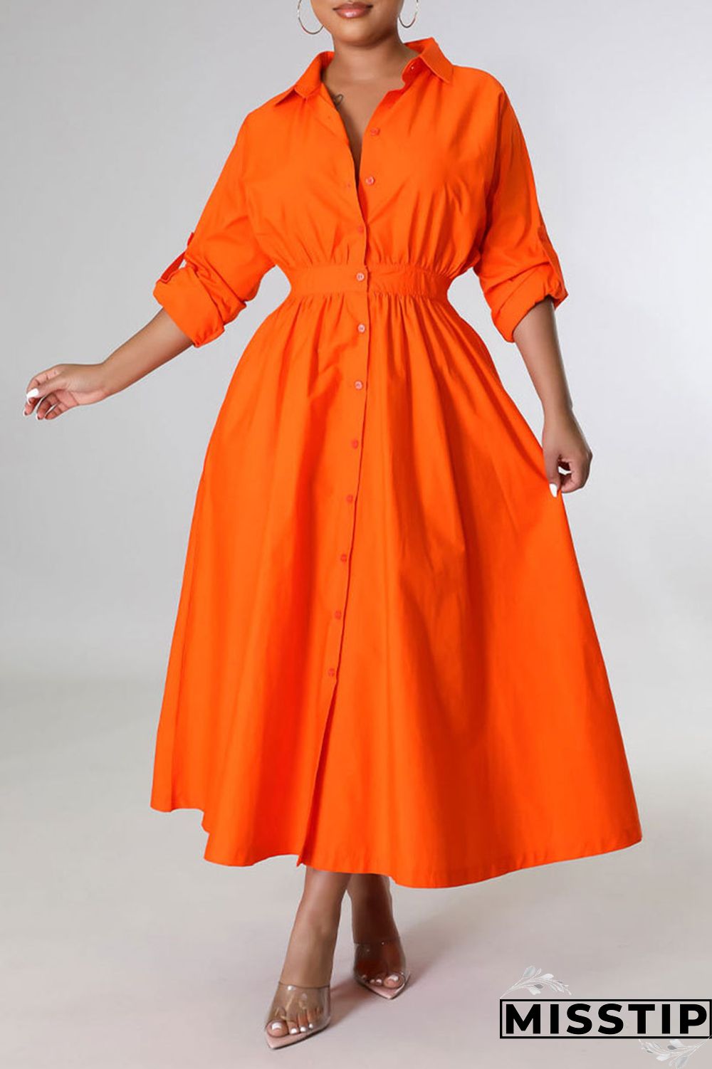 White Casual Solid Patchwork Buckle Turndown Collar Shirt Dress Dresses