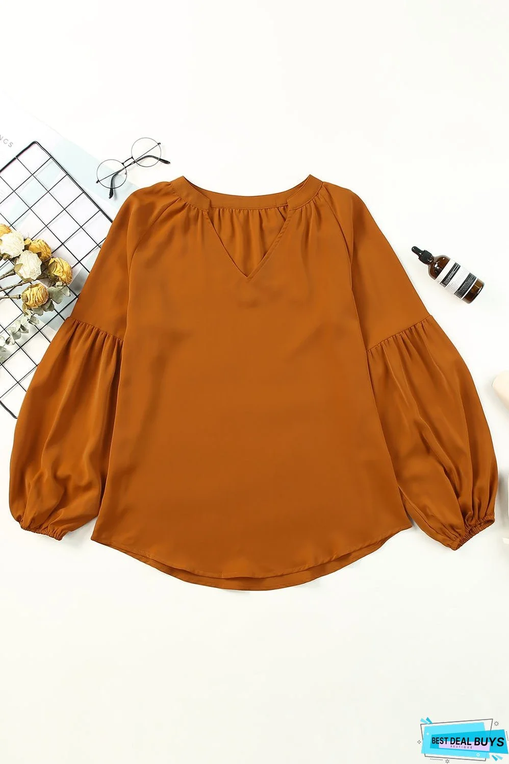 Ruched Notched Balloon Sleeve Blouse