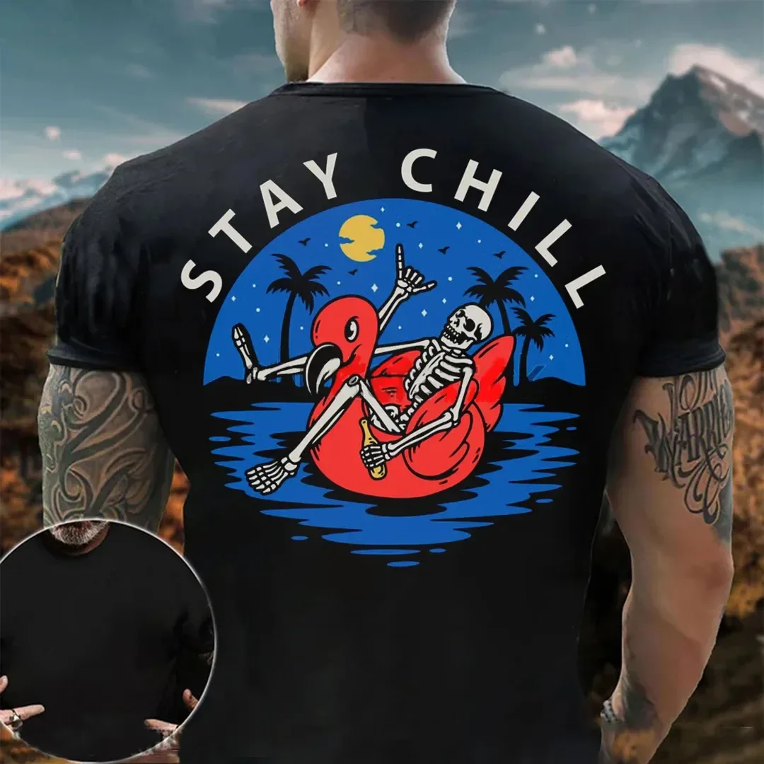 STAY CHILL Skull & Beer Black Print T-shirt