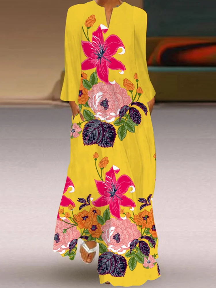 Flower Garden Art Printed Long-Sleeve Maxi Dress