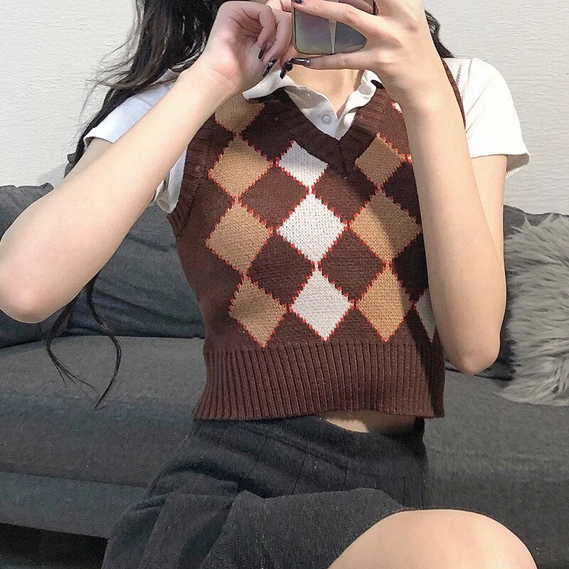 Zoki Argyle Women Sweater Vest Vintage Autumn Knit Pullover Cute Crop Jumper Short Sweater Streetwear Brown Top Dropshipping