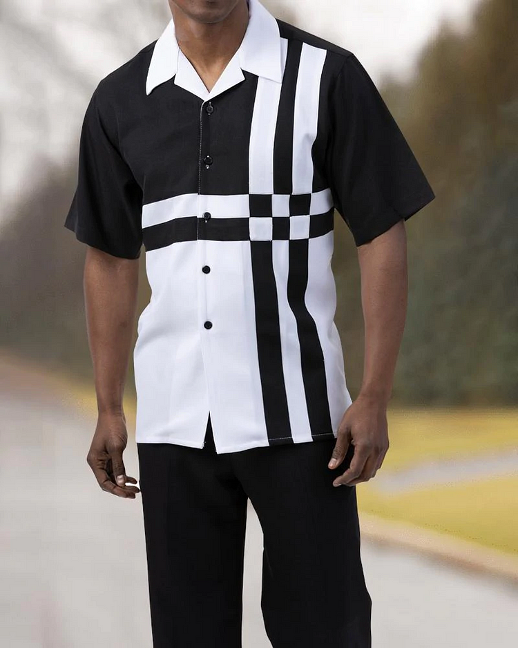 Two Piece Short Sleeve Print Walking Suit Set With Long Pants