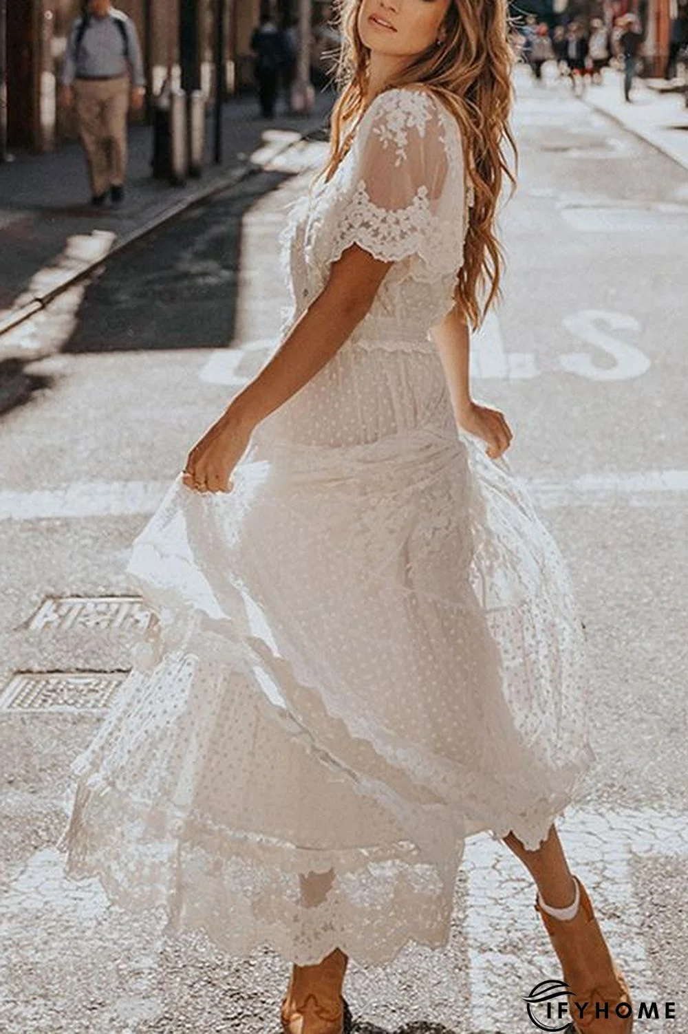 Button Lace V Neck Short Sleeve Maxi Dress | IFYHOME