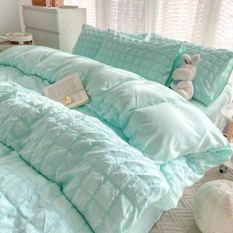 Aonga Korean Princess Bedding Set Solid Color Green Pink Seersucker Kawaii Duvet Cover Flat Sheet Pillowcase for Single Queen Size aonga