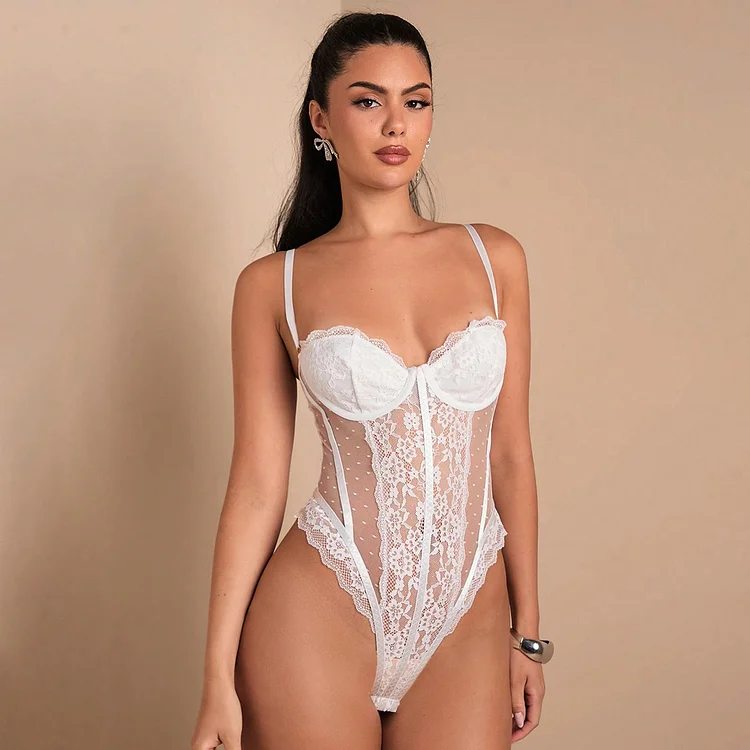 Pure Desire Wind Lace Floral Border Mesh Polka Dot Low-cut Jumpsuit With Steel Ring