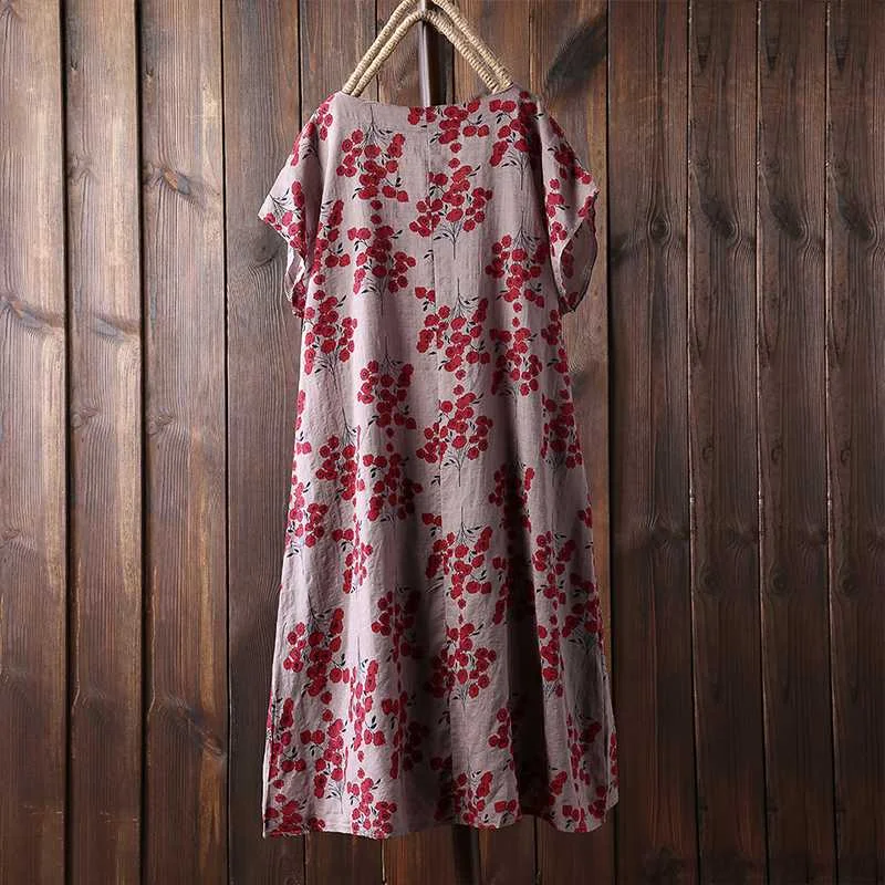 2022 Summer Floral Printed Midi Dress Women Retro V Neck Short Sleeve Loose Vestido Casual Vintage Cotton Linen Sundress Kaftan