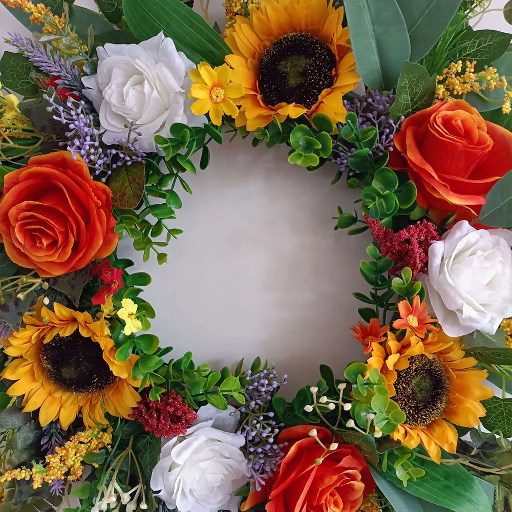 Berry Rattan Circle Simulation Sunflower Wreath Ornament for Thanksgiving