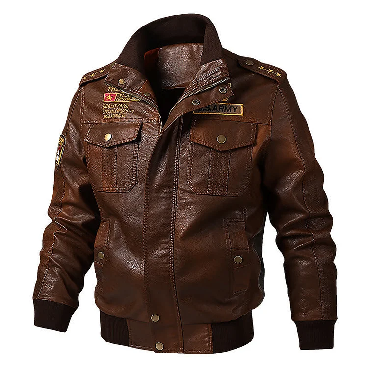 kurtka motocyklowa skórzana retro Men's Casual Faux Leather Jackets PU Leather Military Style Embroidery Outerwear Print Army Aviator Pilot Epaulette Jackets Motorcycle Jacket Riding Jacket