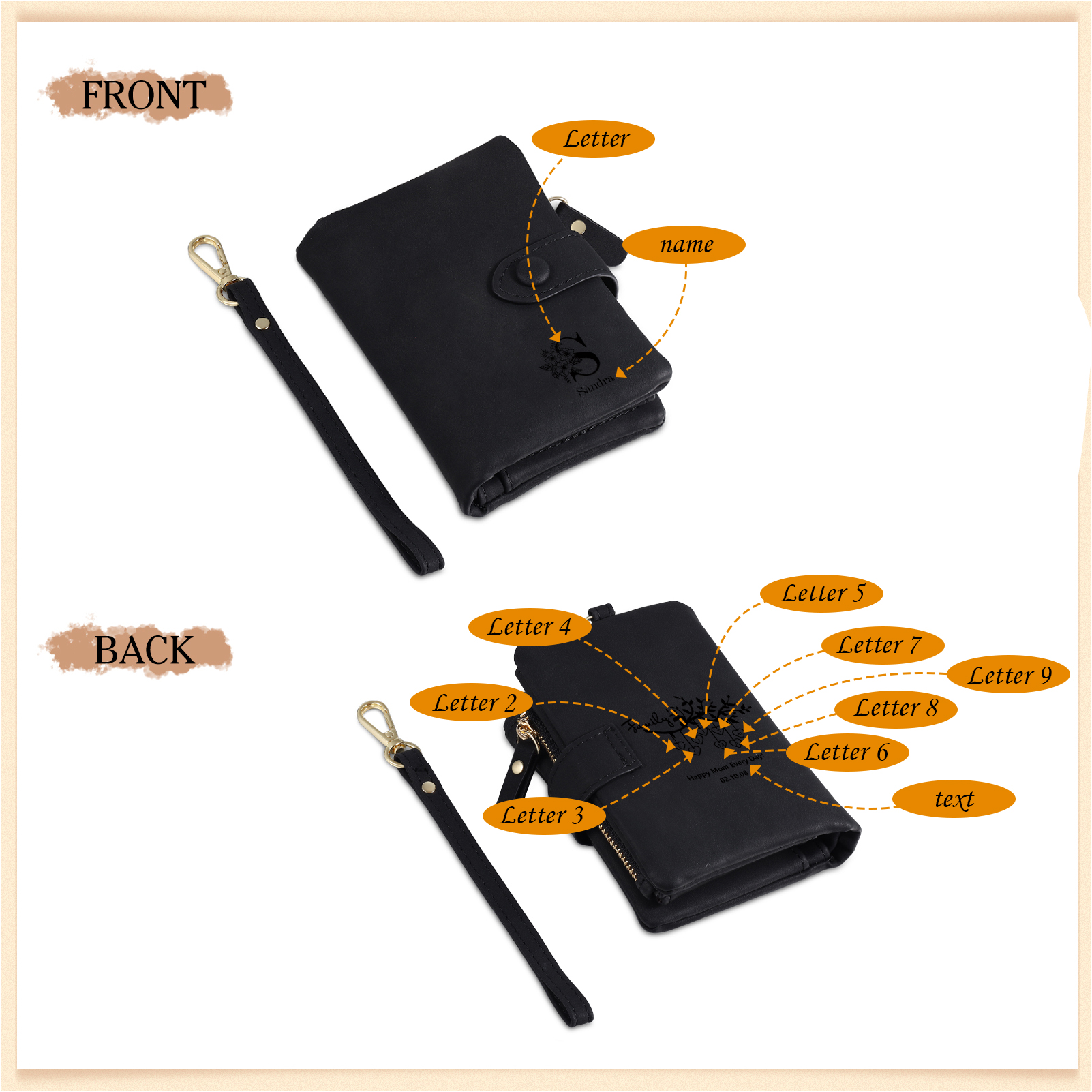 Portafoglio in PU pelle albero di vita con 9 letetre & 1 testo & 1 nome personalizzati per mamma/nonna